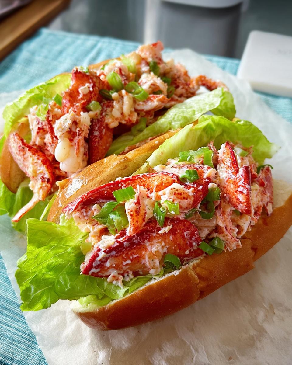 Two lobster roll sandwiches filled with fresh lobster meat, lettuce, and green onions, part of The Ultimate Sandwich Ideas Recipes Guide.