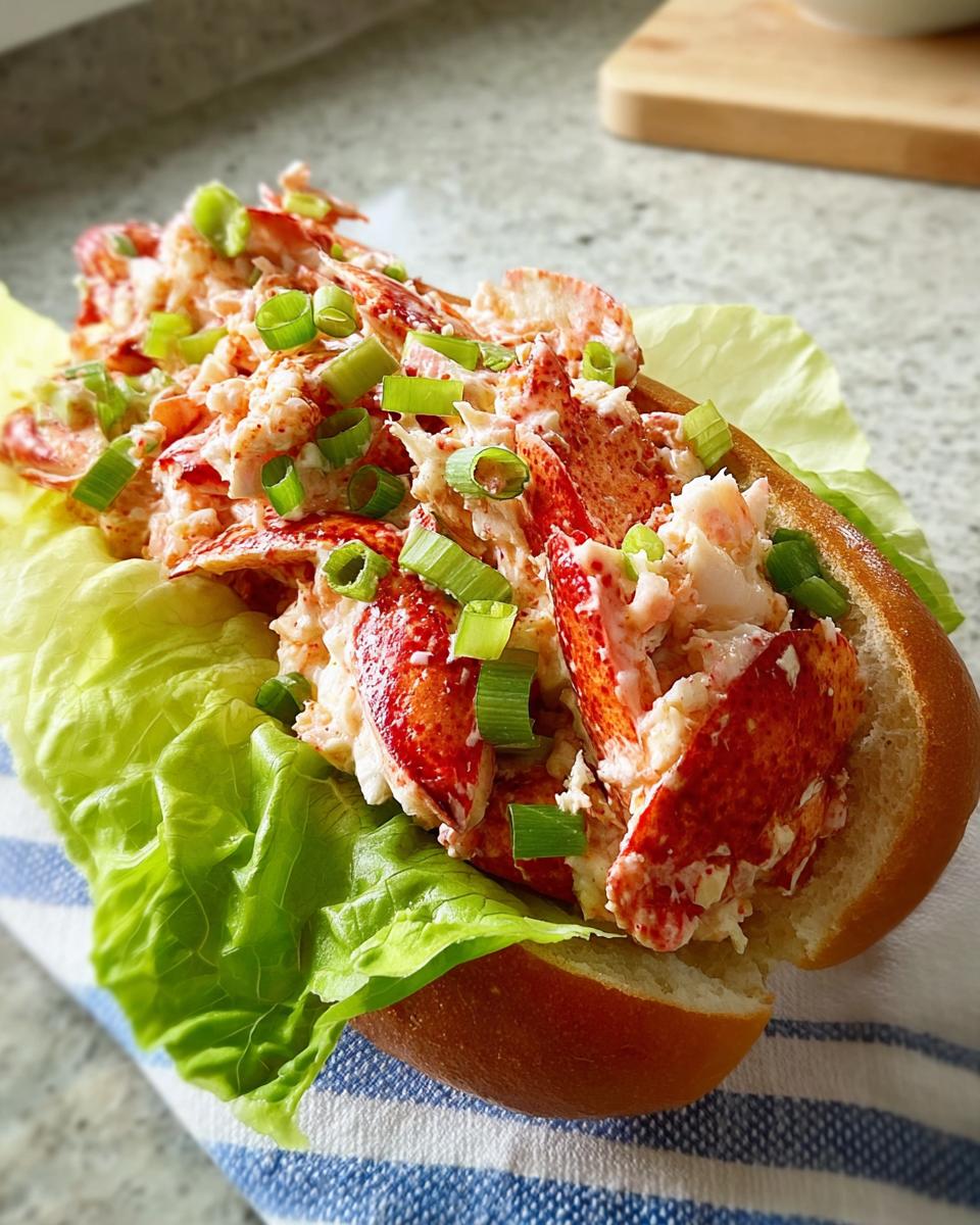 A close-up of a delicious lobster roll sandwich, filled with fresh lobster meat and garnished with green onions.