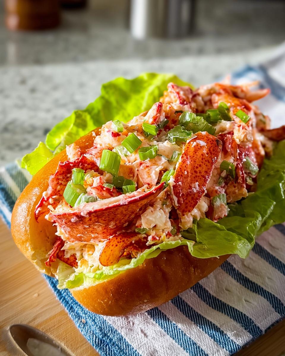 A delicious lobster roll sandwich piled high with lobster meat, lettuce, and green onions, part of our sandwich ideas guide.