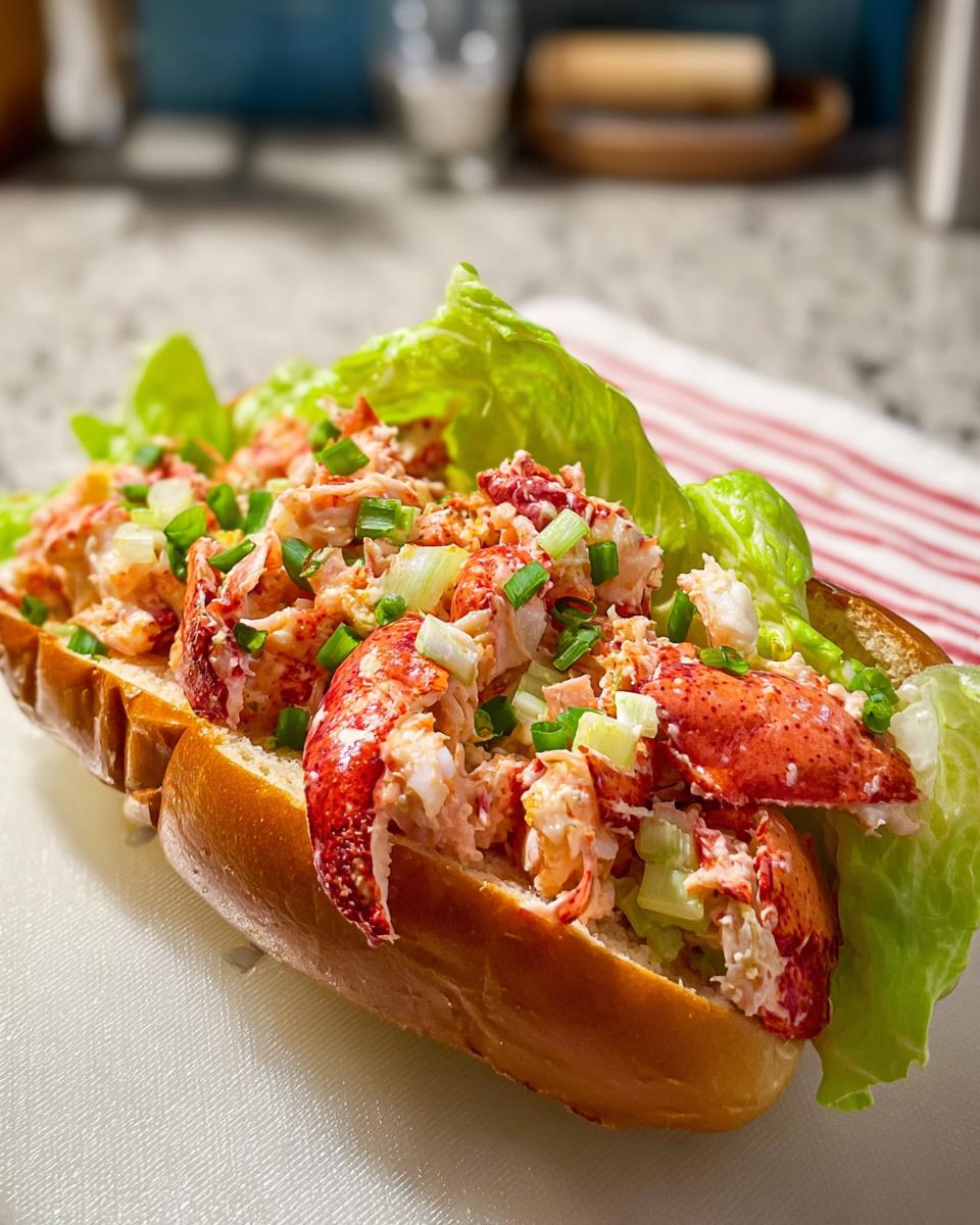 A delicious lobster roll sandwich filled with fresh lobster meat, celery, and green onions on a toasted bun, part of The Ultimate Sandwich Ideas Recipes Guide for Beginners.