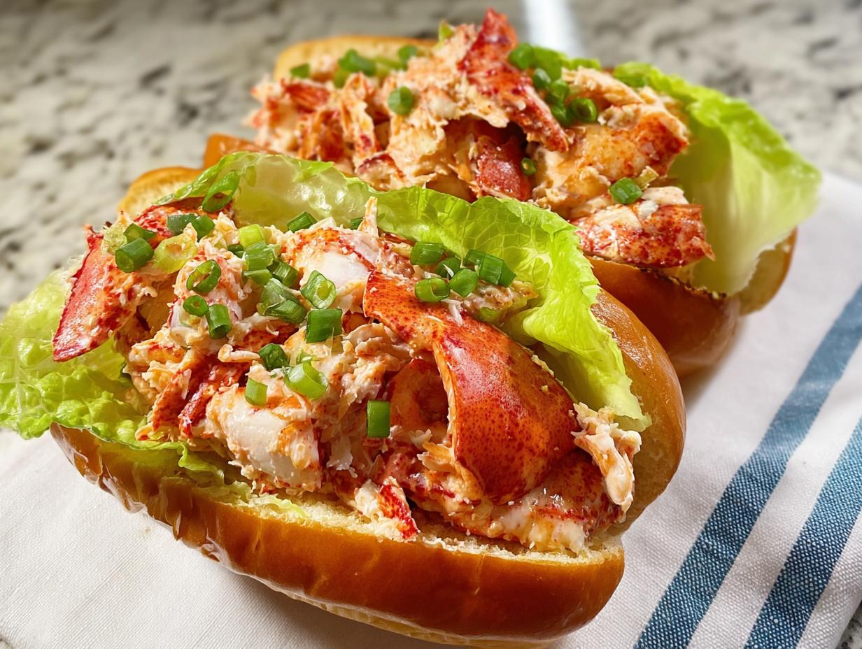 Two fresh lobster roll sandwiches filled with lobster meat, lettuce, and green onions, part of The Ultimate Sandwich Ideas Recipes Guide for Beginners.