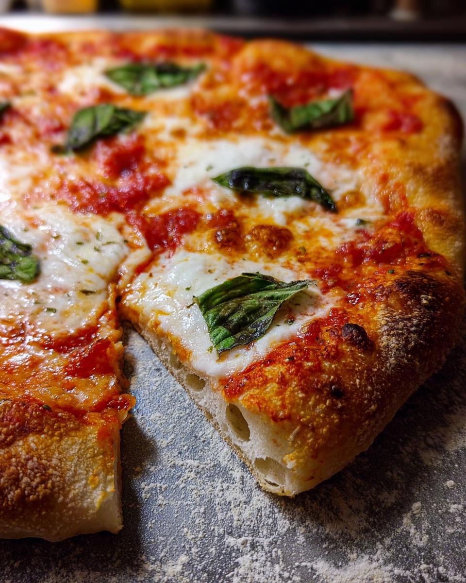 Close-up of a Margherita pizza slice, showcasing melted mozzarella, tomato sauce, fresh basil, and a golden crust.