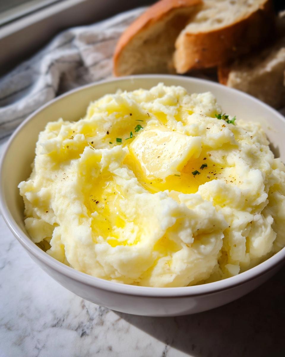 A close-up of a bowl of fluffy mashed potatoes topped with melting butter and chives, part of Mashed Potatoes Recipes in 20 Minutes.