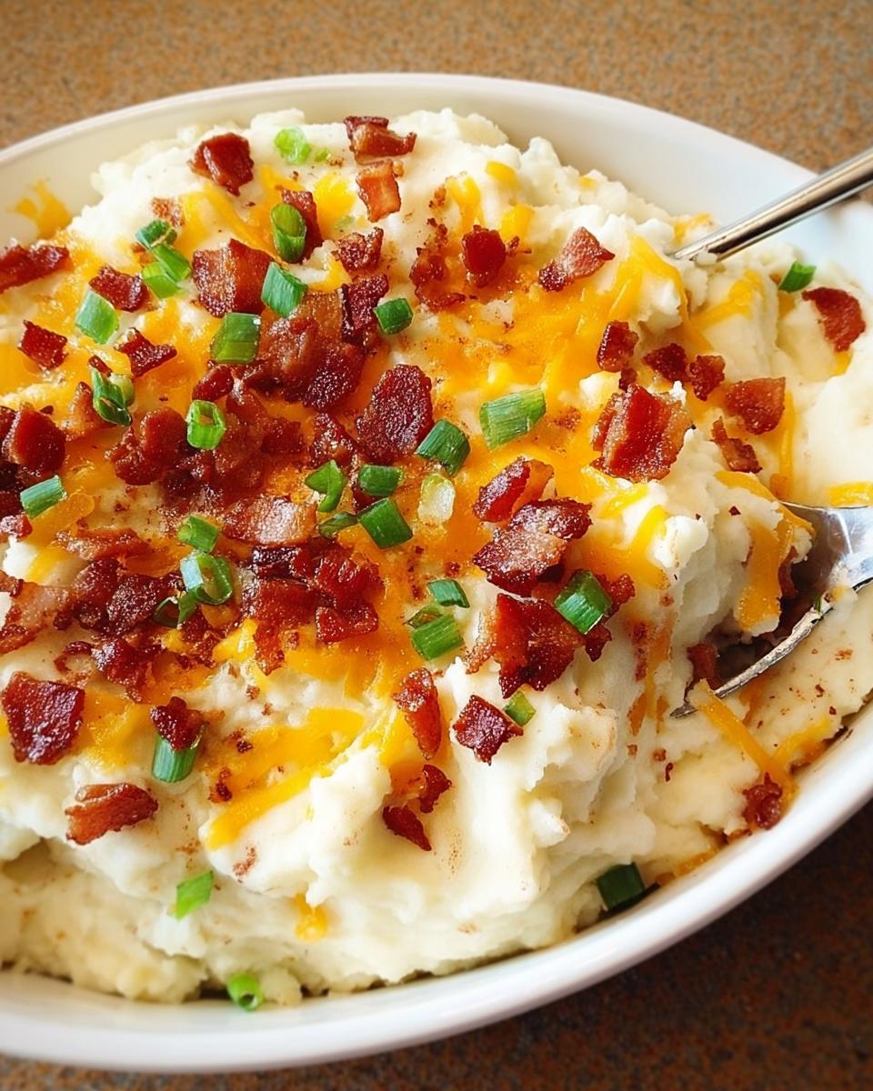 A close-up of creamy mashed potatoes topped with melted cheddar cheese, crispy bacon bits, and chopped green onions.