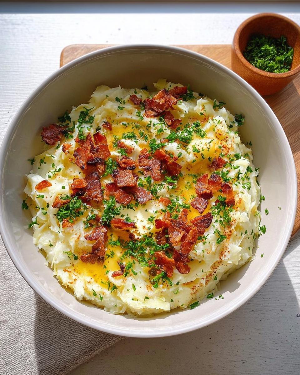 A bowl of creamy mashed potatoes topped with crispy bacon bits, fresh parsley, and a drizzle of butter.