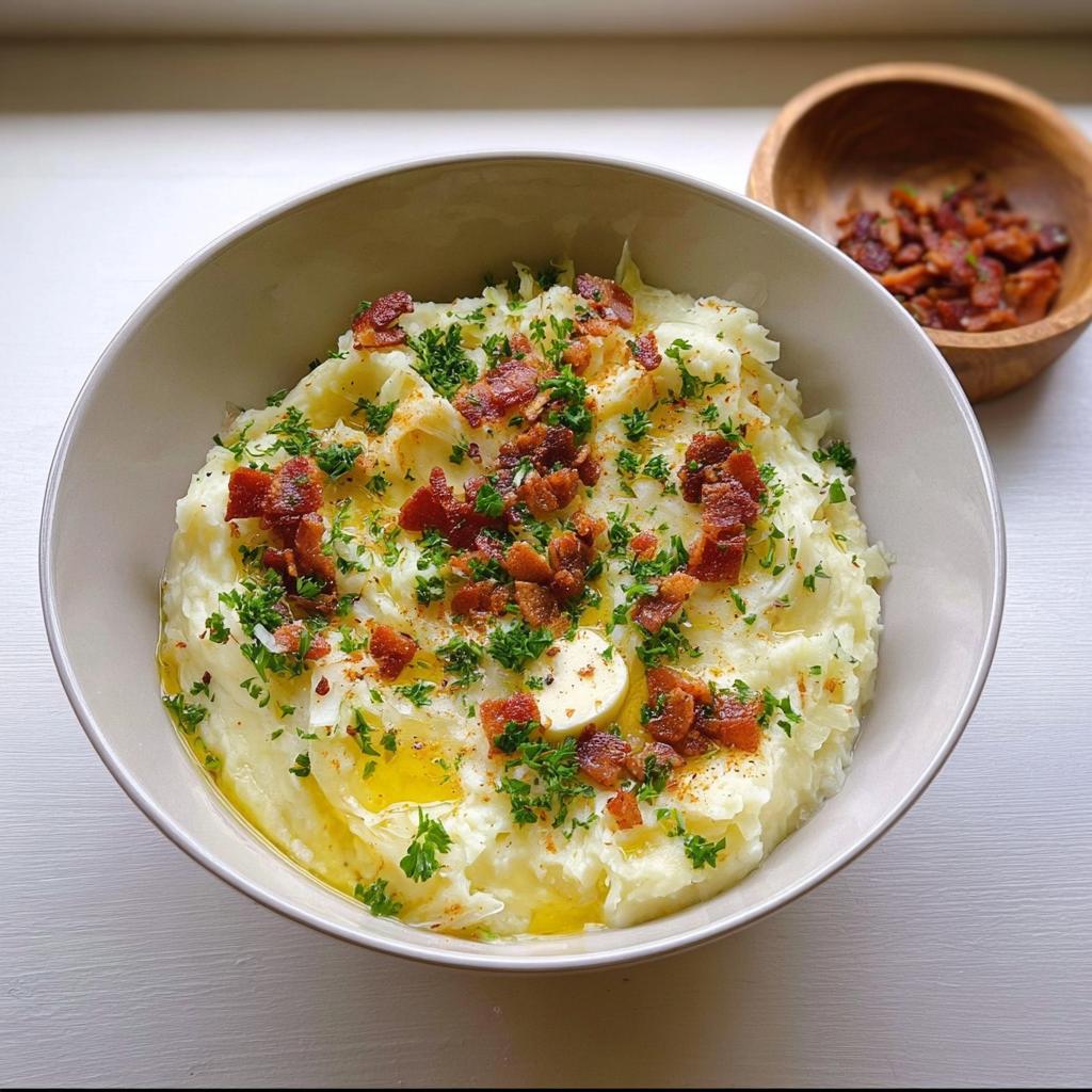 A bowl of creamy mashed potatoes topped with crispy bacon bits and fresh parsley. One of 10 Genius Mashed Potatoes Recipes Ideas.
