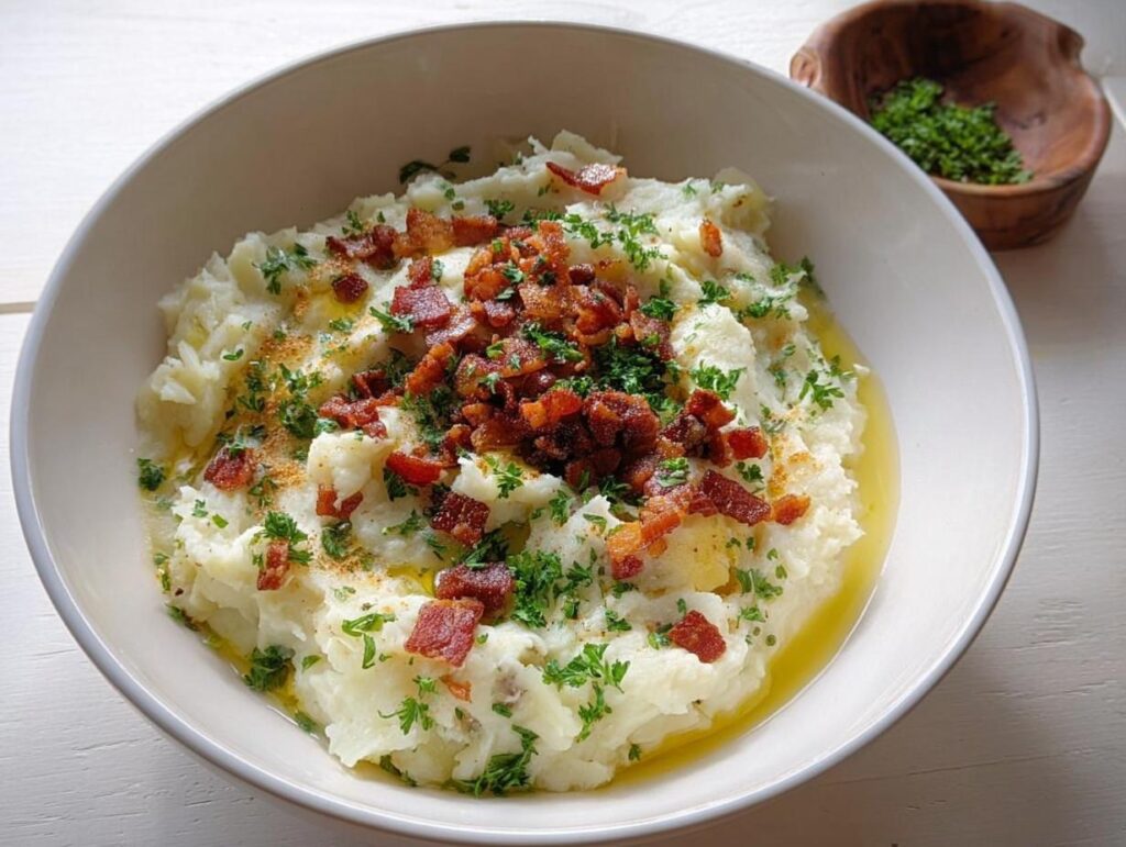 A bowl of creamy mashed potatoes topped with crispy bacon bits and fresh parsley, a perfect side dish for busy weeknights.