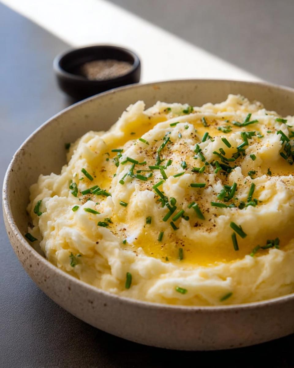 A bowl of fluffy mashed potatoes topped with melted butter, fresh chives, and a sprinkle of pepper.