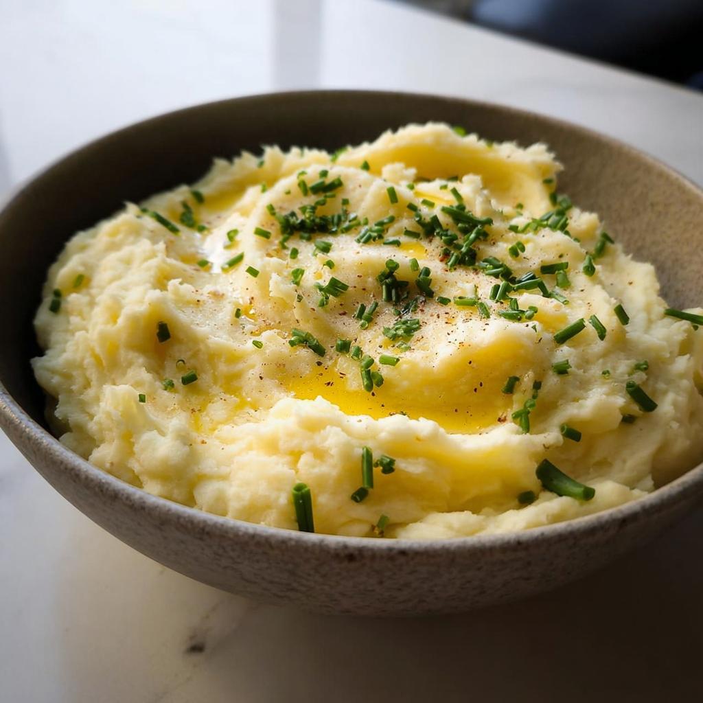 A close-up of creamy mashed potatoes topped with melted butter and fresh chives, part of The Ultimate Mashed Potatoes Recipes Guide for Beginners.