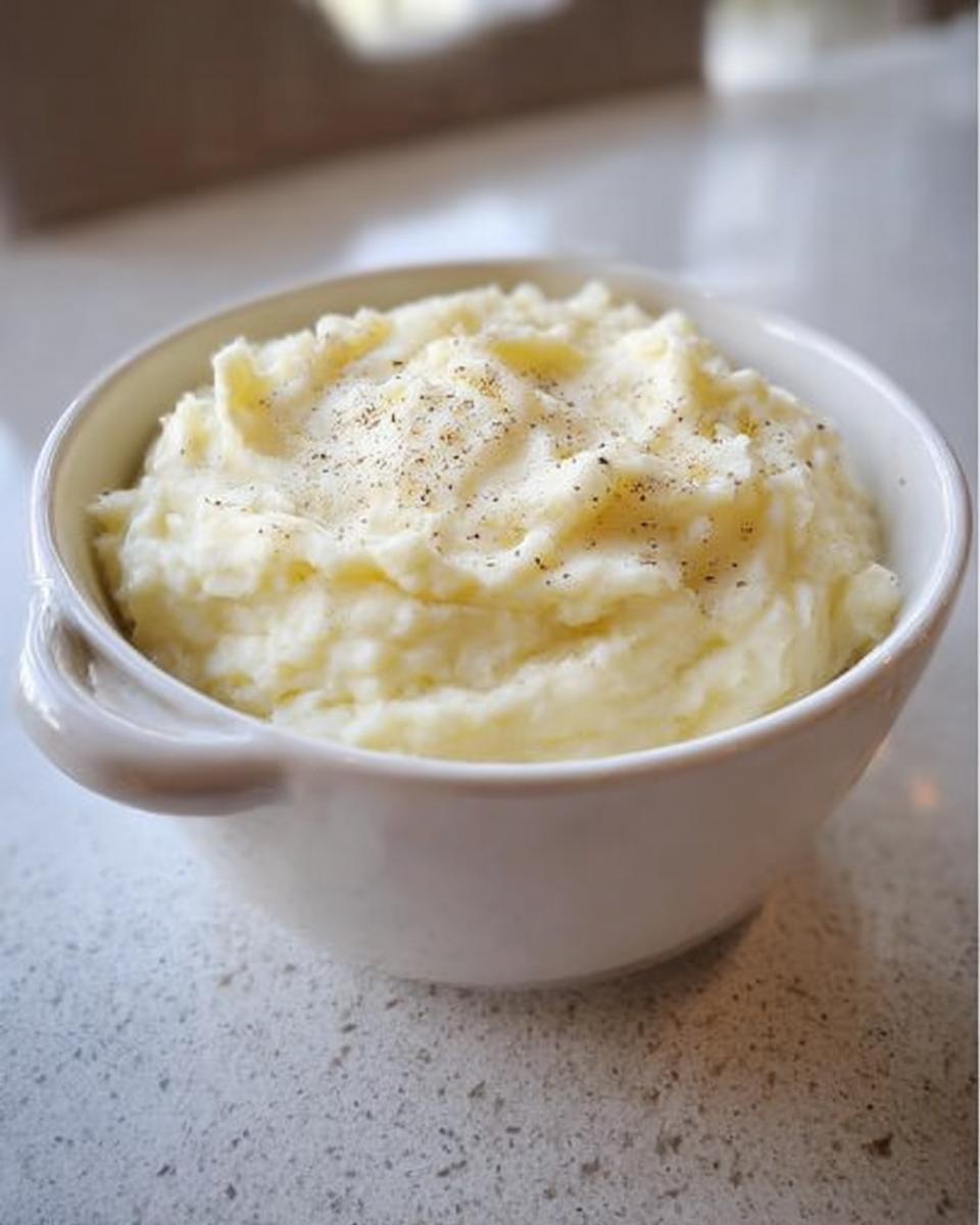 A white bowl filled with fluffy mashed potatoes, seasoned with black pepper, perfect for meal prep.