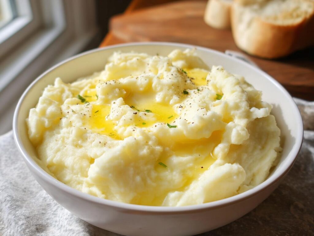 A bowl of creamy mashed potatoes topped with melted butter, black pepper, and fresh parsley. Part of Mashed Potatoes Recipes in 20 Minutes.