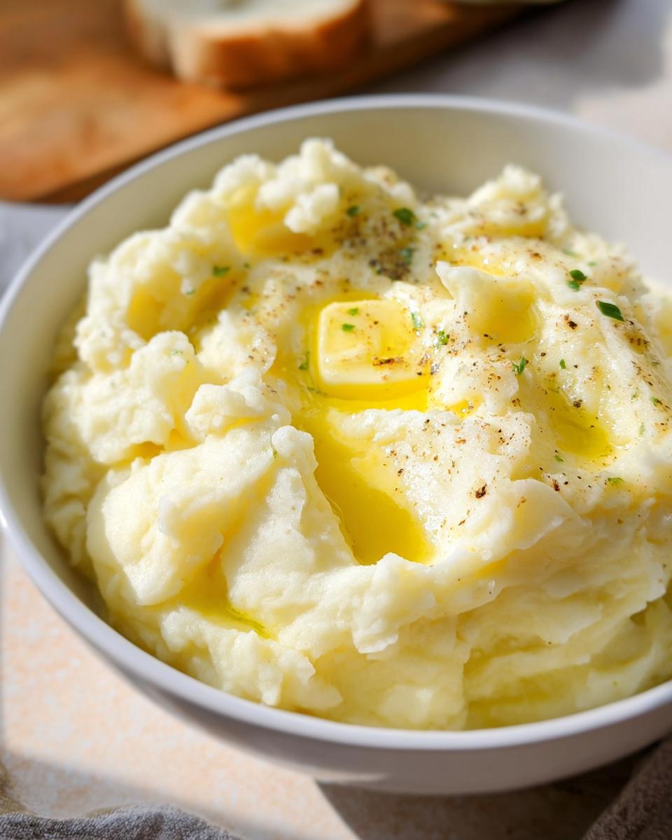 Close-up of a bowl of creamy mashed potatoes topped with melted butter and herbs.