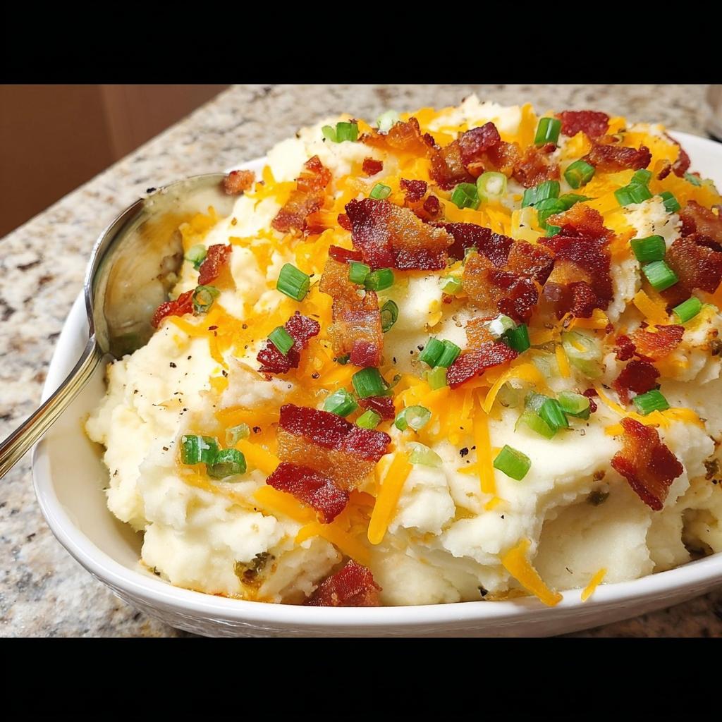 Close-up of creamy mashed potatoes recipe topped with shredded cheddar cheese, crispy bacon bits, and chopped green onions.