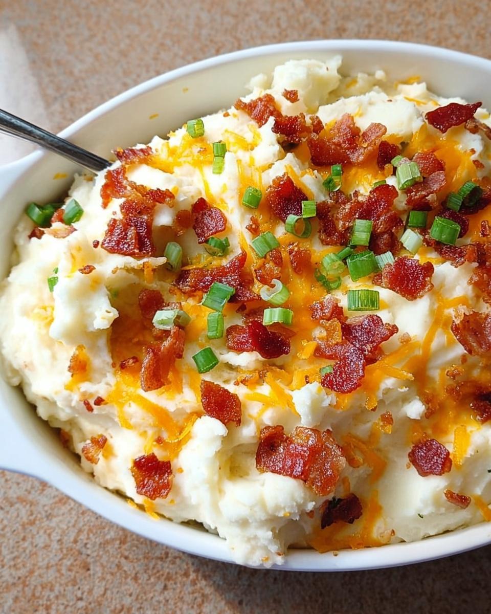 Close-up of creamy mashed potatoes topped with crispy bacon bits, shredded cheddar cheese, and chopped green onions.