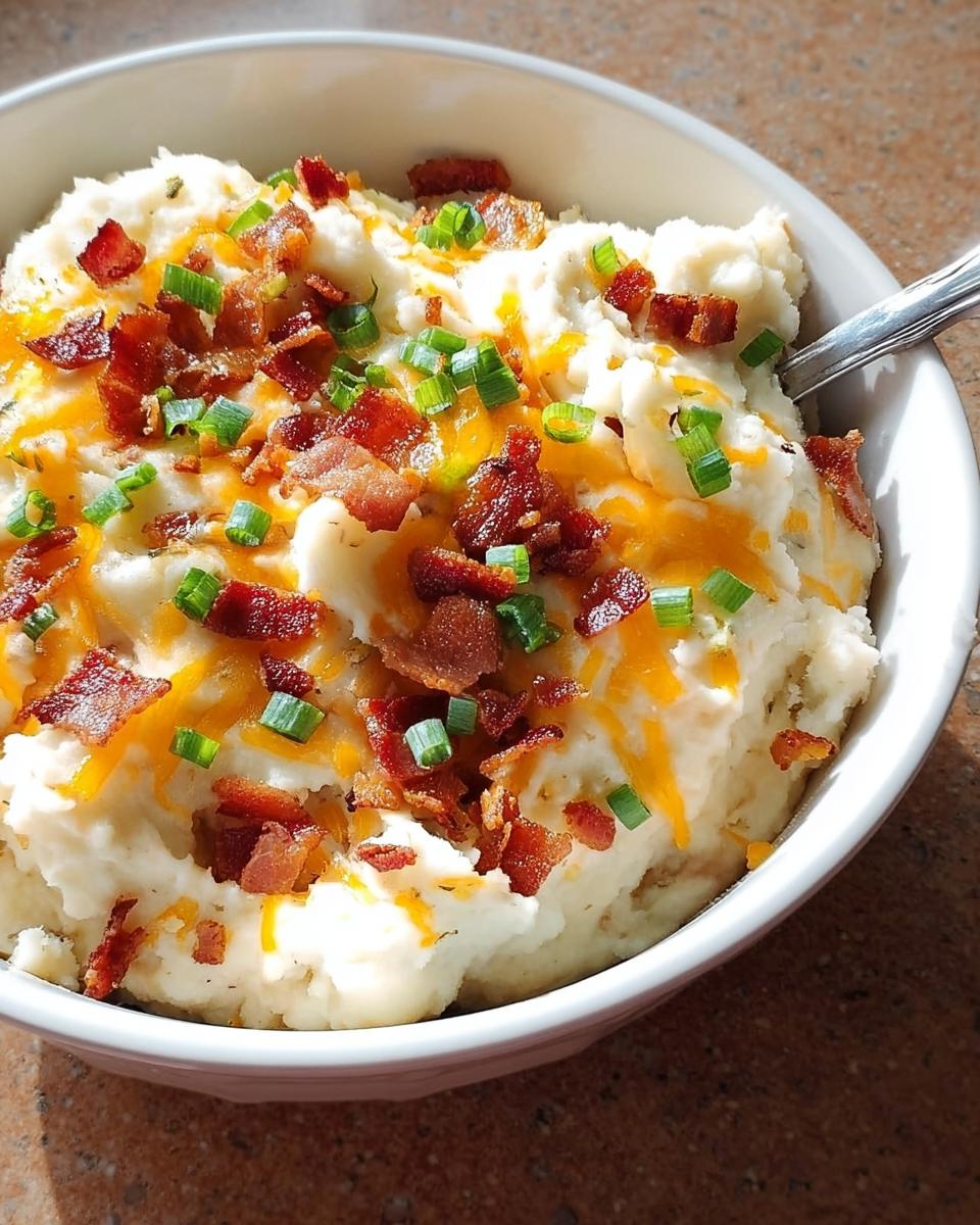 A bowl of creamy mashed potatoes topped with shredded cheddar cheese, crispy bacon bits, and chopped green onions.