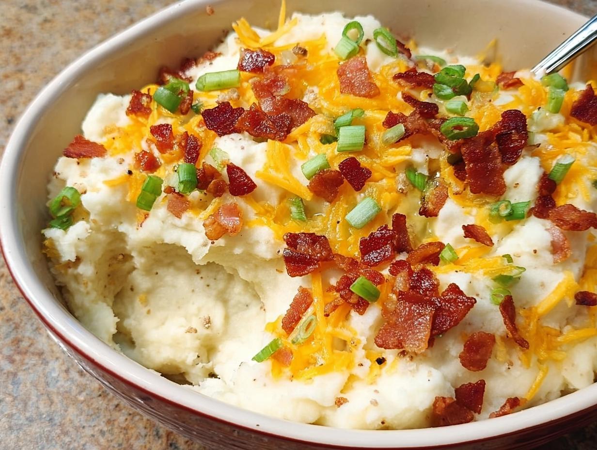 Close-up of a bowl of creamy mashed potatoes topped with shredded cheddar cheese, crispy bacon bits, and chopped green onions.