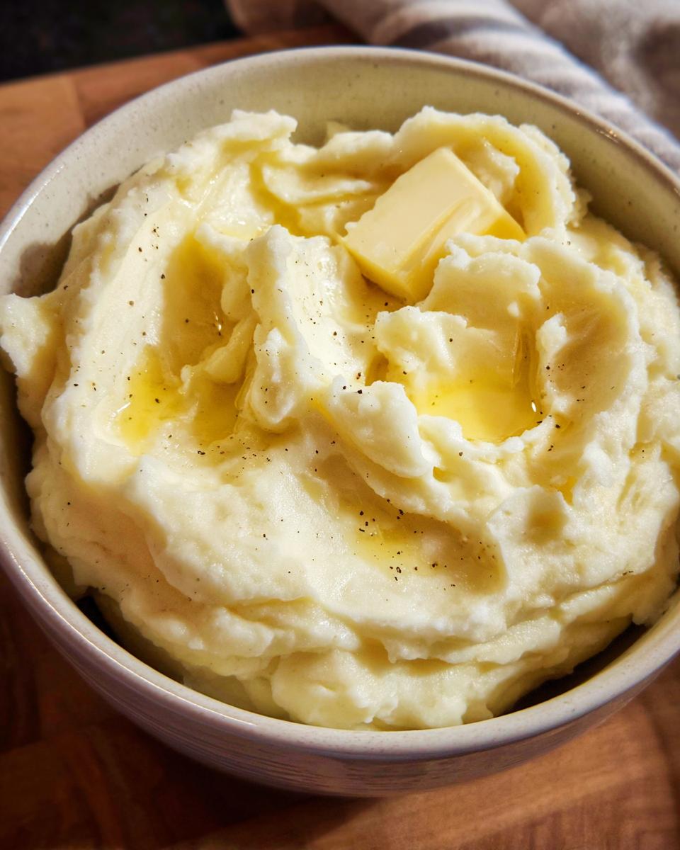 Close-up of creamy mashed potatoes topped with a pat of butter and melted butter, seasoned with black pepper.