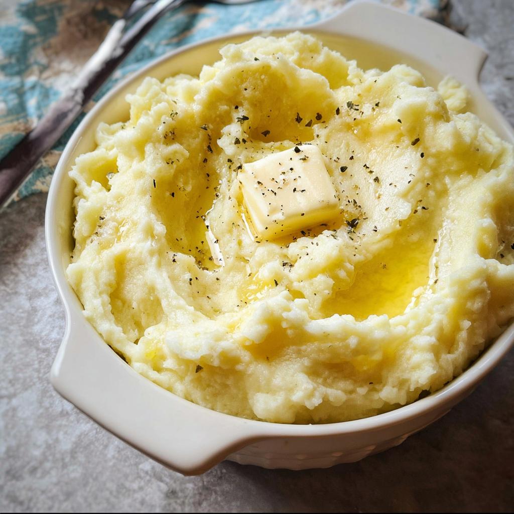 A close-up of creamy mashed potatoes recipe, topped with a melting pat of butter and sprinkled with herbs.