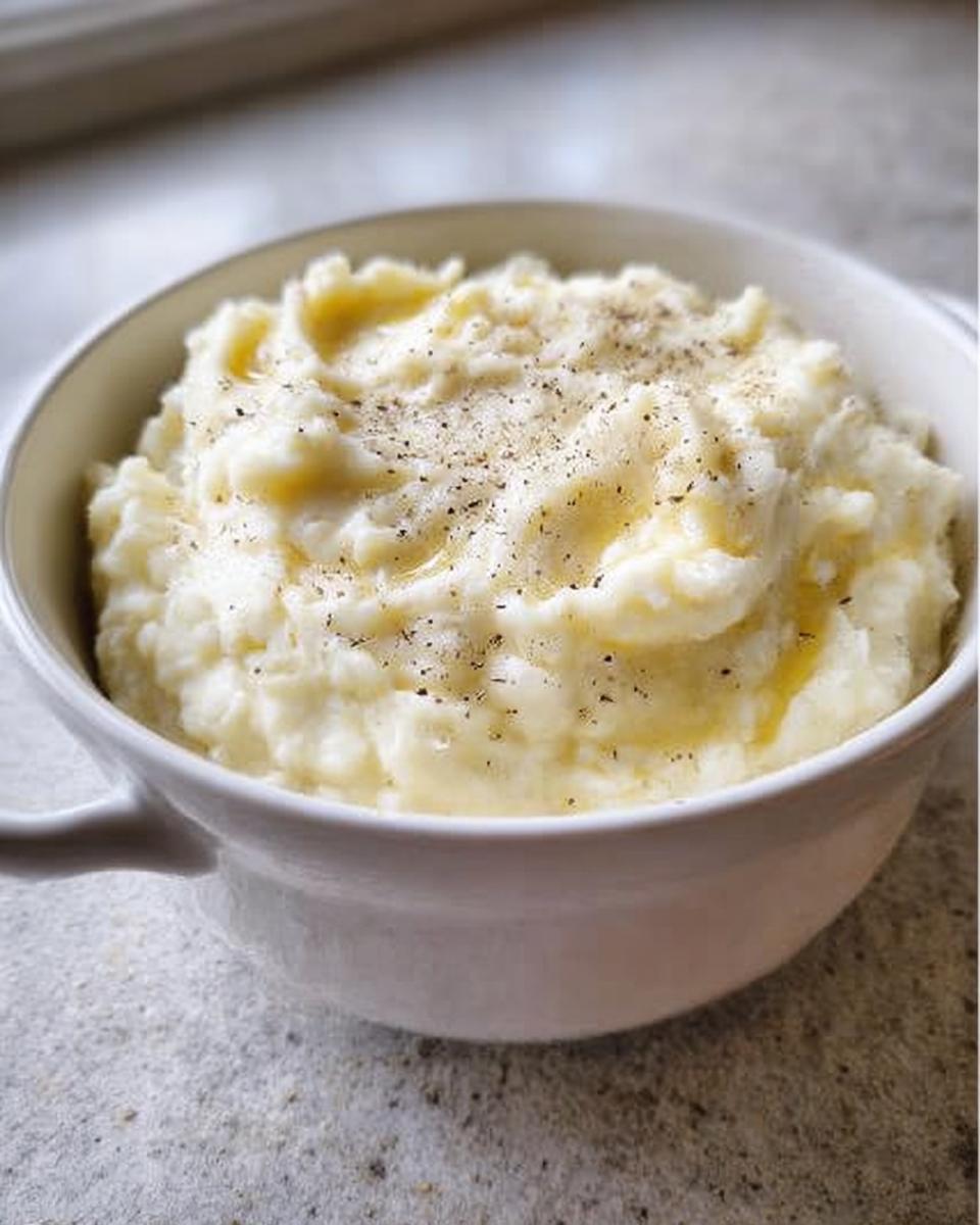 A bowl of creamy mashed potatoes, topped with melted butter and black pepper, perfect for meal prep.