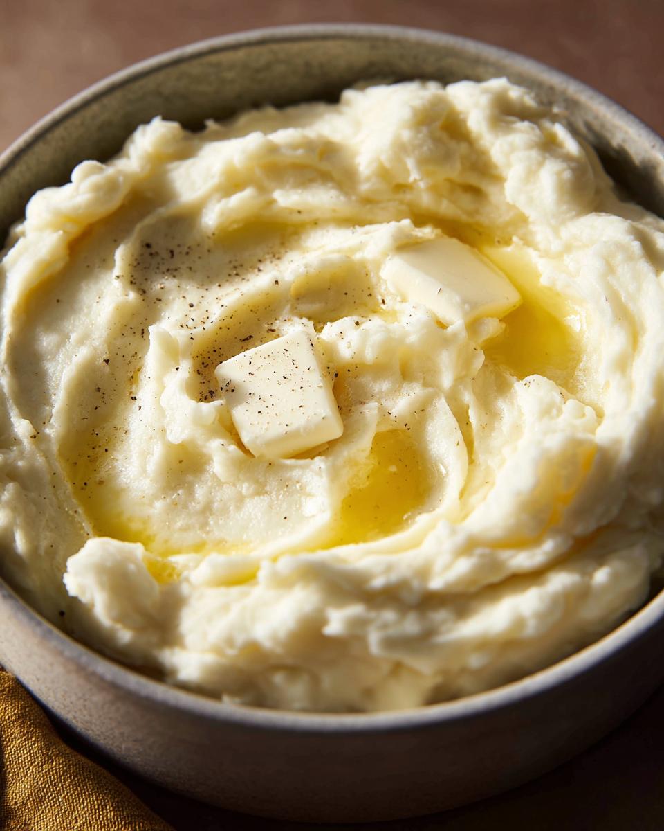 Close-up of creamy mashed potatoes topped with melting butter and cracked black pepper.