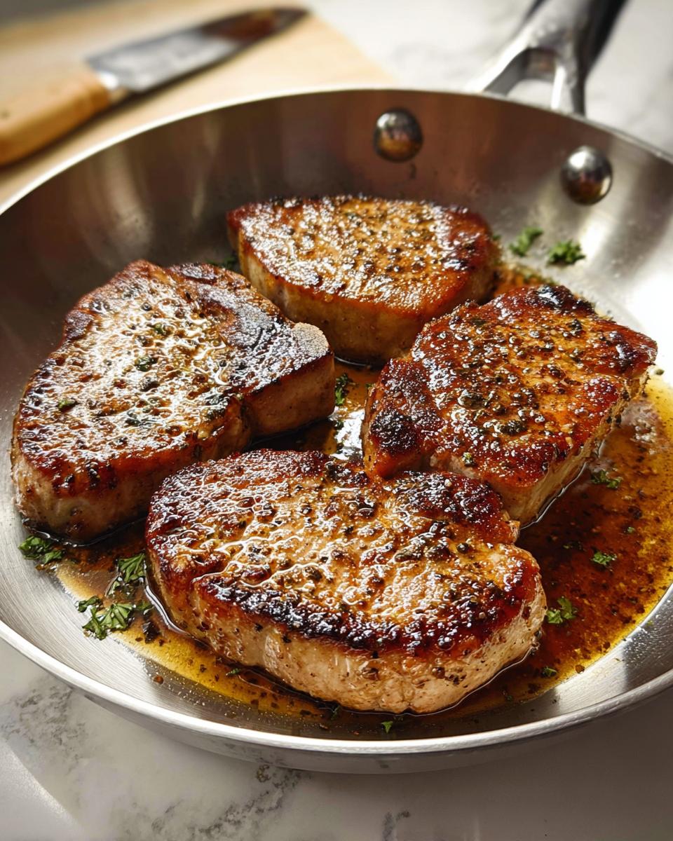 Four juicy pork chops seasoned and seared in a skillet, ready for meal prep.
