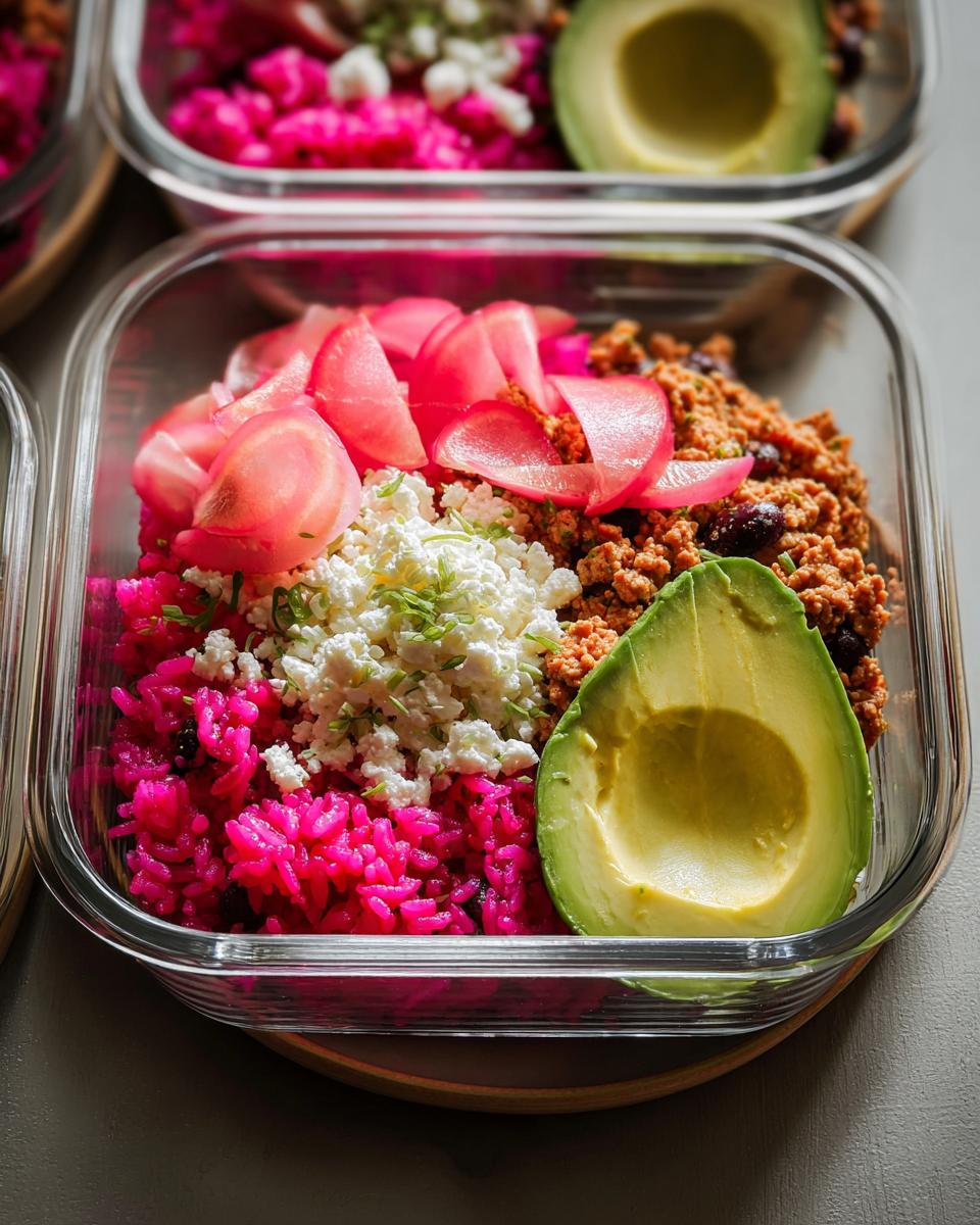Close-up of a meal prep container filled with vibrant pink rice, seasoned ground meat, crumbled feta, pickled radish, and a slice of avocado.