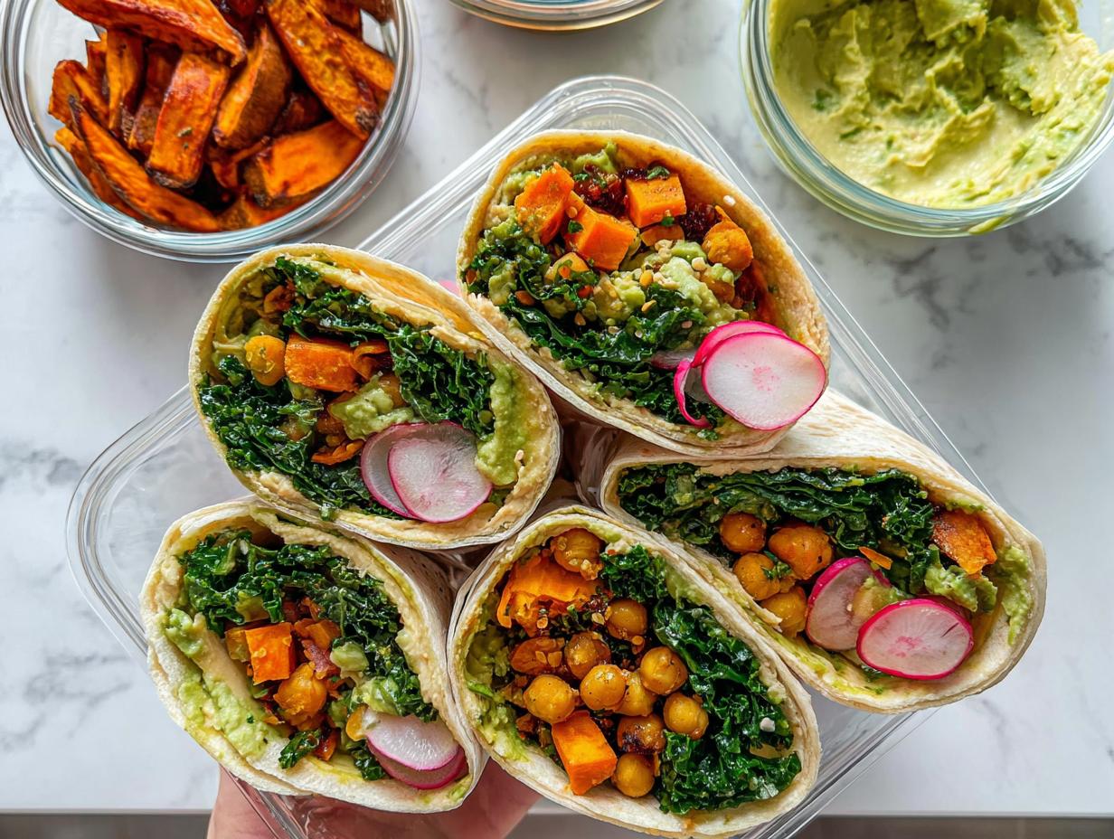Close-up of healthy meal prep wraps filled with kale, sweet potato, chickpeas, avocado, and radish. Perfect for sandwich ideas.