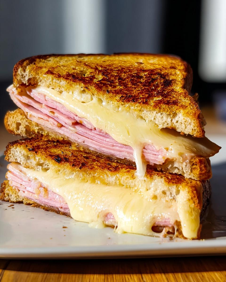 Close-up of a grilled ham and cheese sandwich with melted cheese oozing out, a perfect example of sandwich ideas recipes.