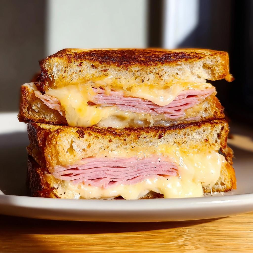 A close-up of a grilled ham and cheese sandwich with melted cheese oozing out, perfect for sandwich ideas recipes.
