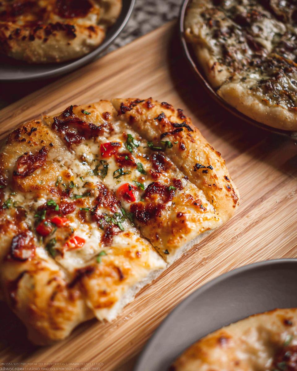 Close-up of a delicious mini pizza with melted cheese, red peppers, and herbs, part of The Ultimate Pizza Night Recipes Guide.
