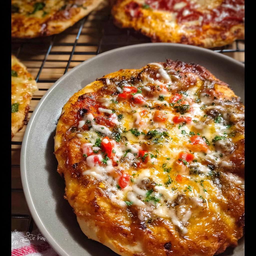 A close-up of a delicious mini pizza topped with melted cheese, red peppers, and herbs, perfect for pizza night.