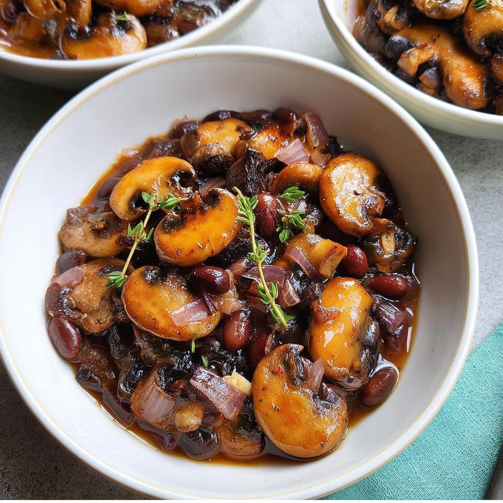 Close-up of a bowl filled with savory mushroom and bean veggie sides, garnished with fresh thyme.