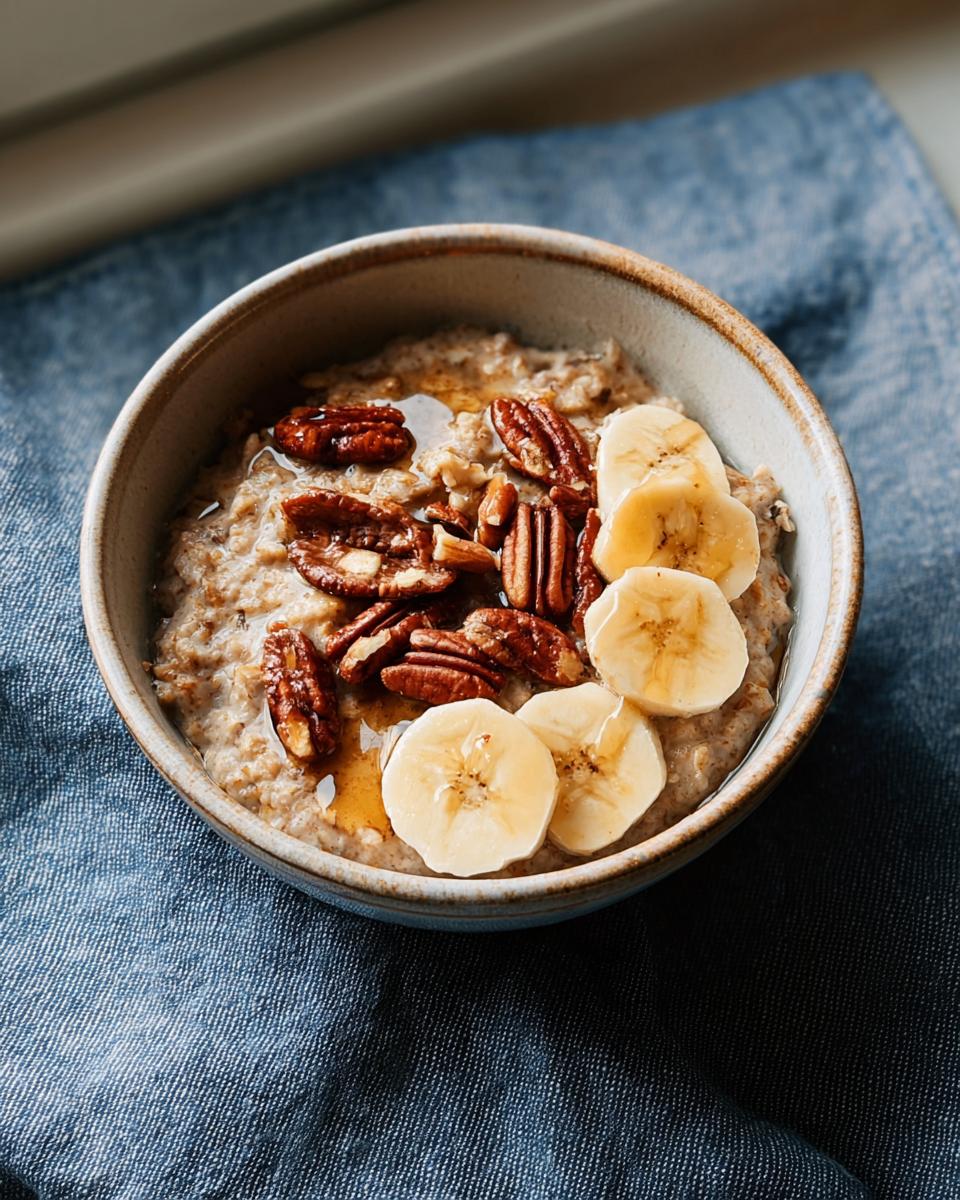 A bowl of oatmeal topped with banana slices, pecans, and a drizzle of honey, perfect for breakfast ideas.