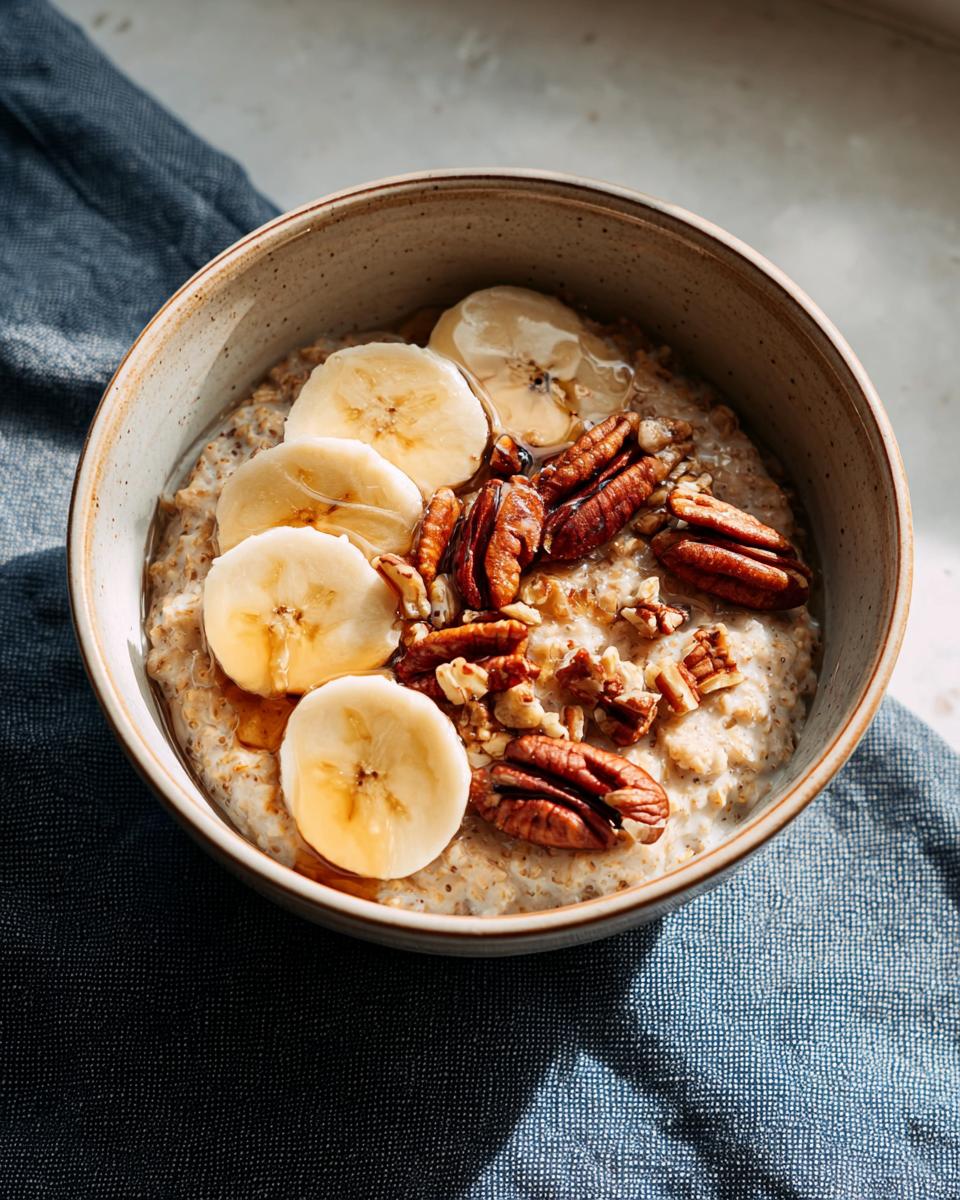 A bowl of oatmeal topped with banana slices, pecans, and a drizzle of honey, perfect for breakfast ideas.