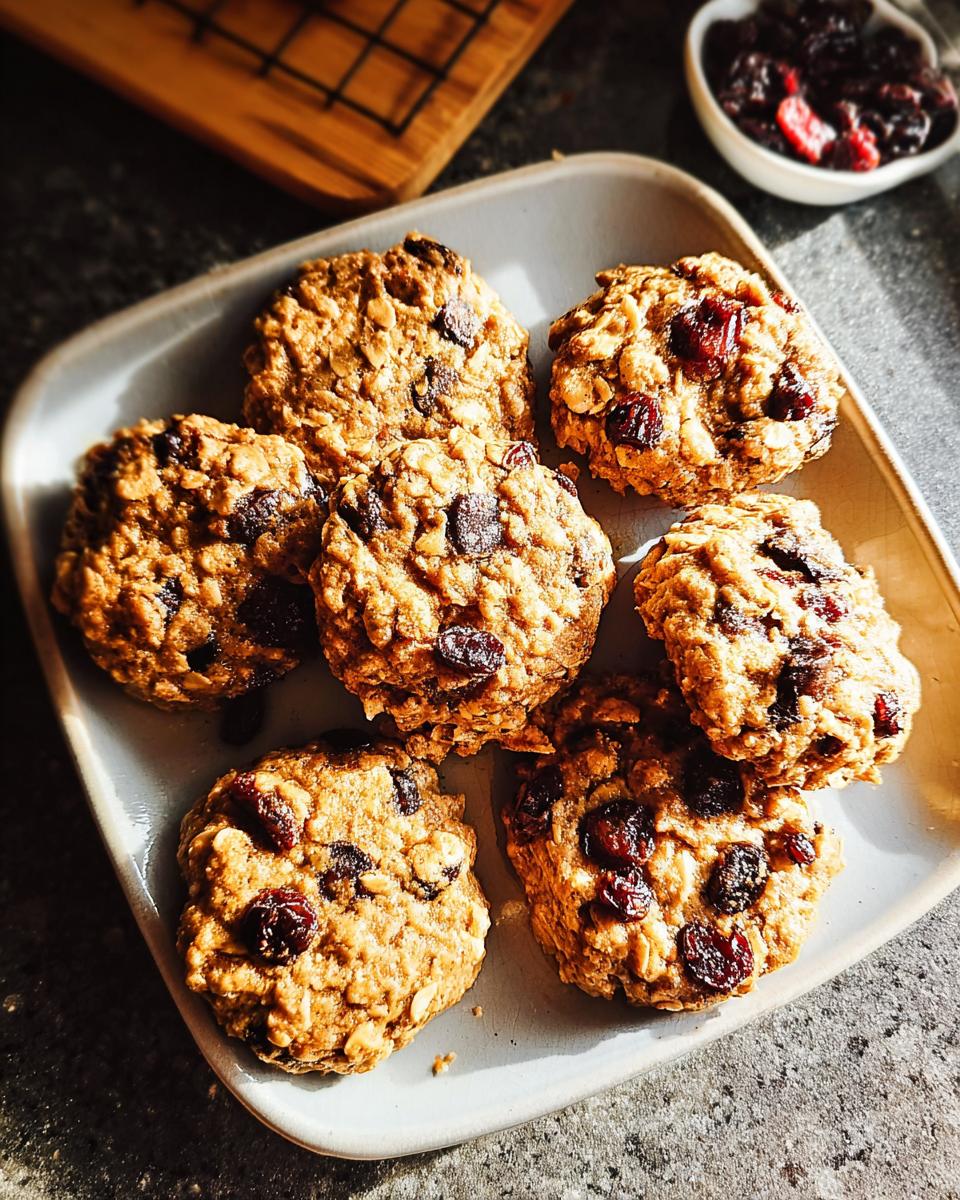 A plate of delicious oatmeal cranberry cookies, perfect for quick breakfast ideas recipes.
