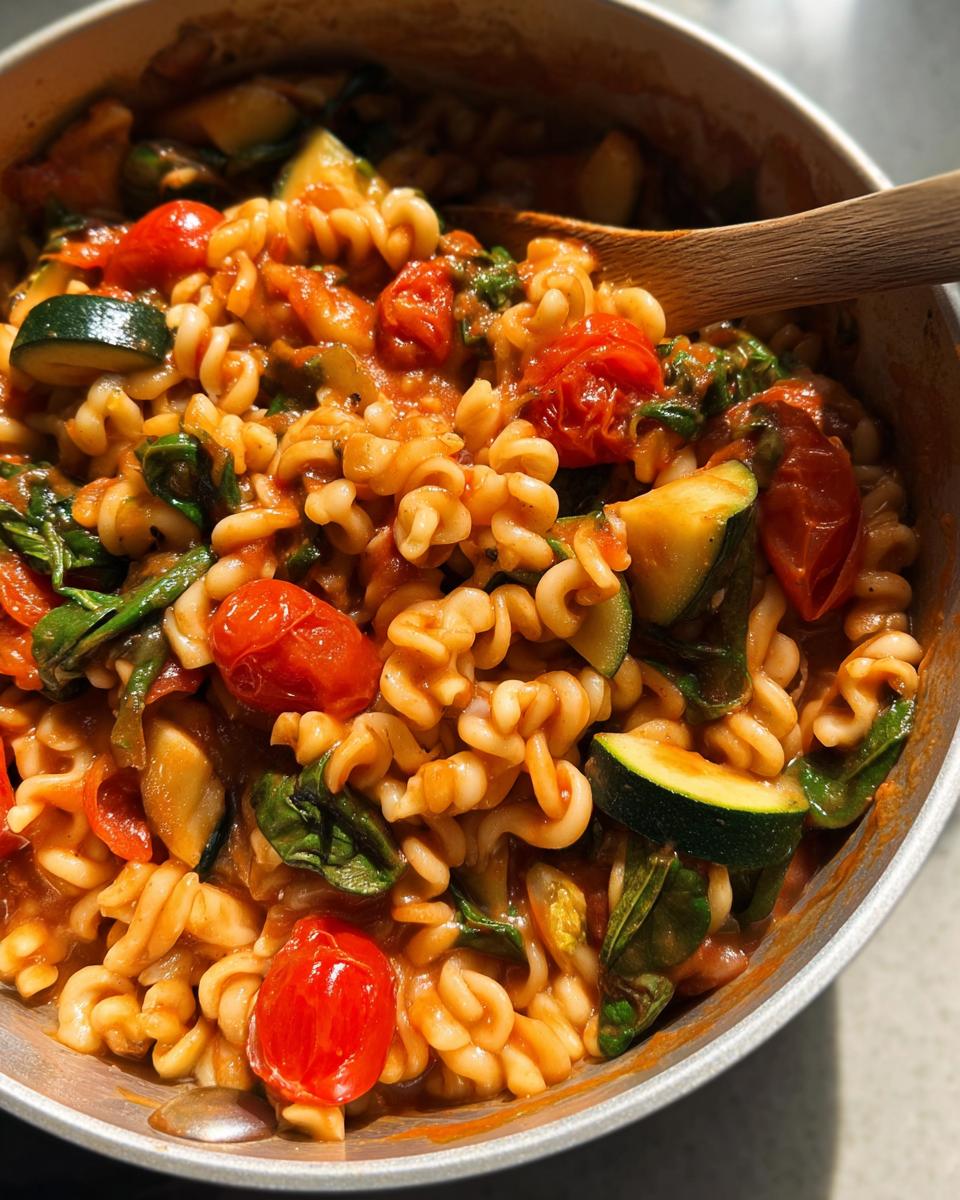 Close-up of a one-pot pasta dish with rotini, zucchini slices, cherry tomatoes, and spinach in a tomato sauce.