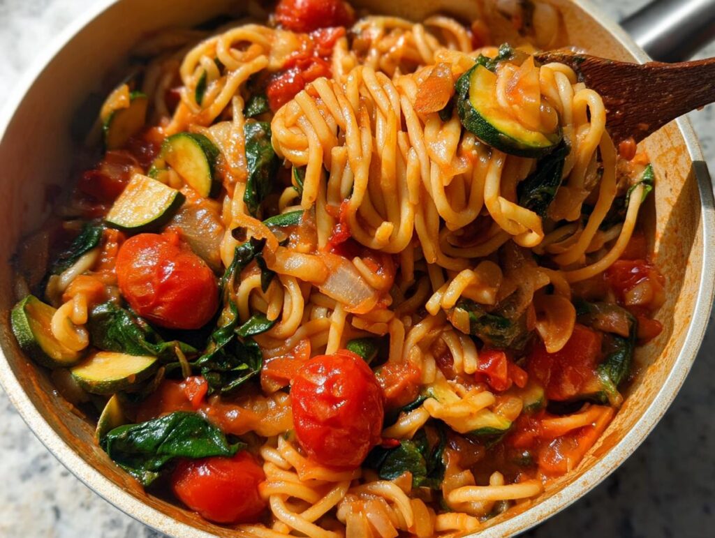 Close-up of a one-pot pasta with cherry tomatoes, zucchini, and spinach, a perfect easy dinner recipe.