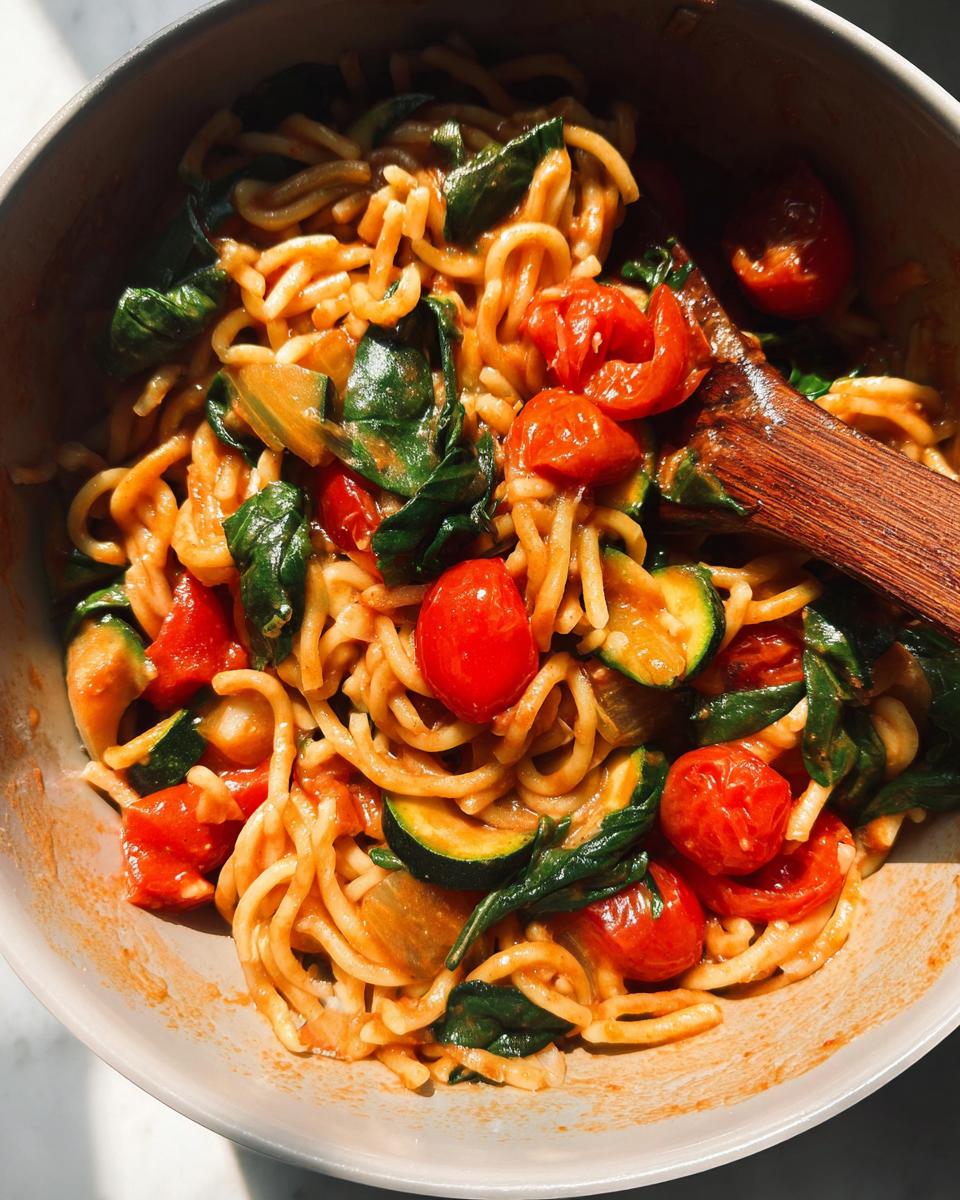 A close-up of a one-pot pasta dish with cherry tomatoes, zucchini slices, and spinach, perfect for easy dinner recipes.