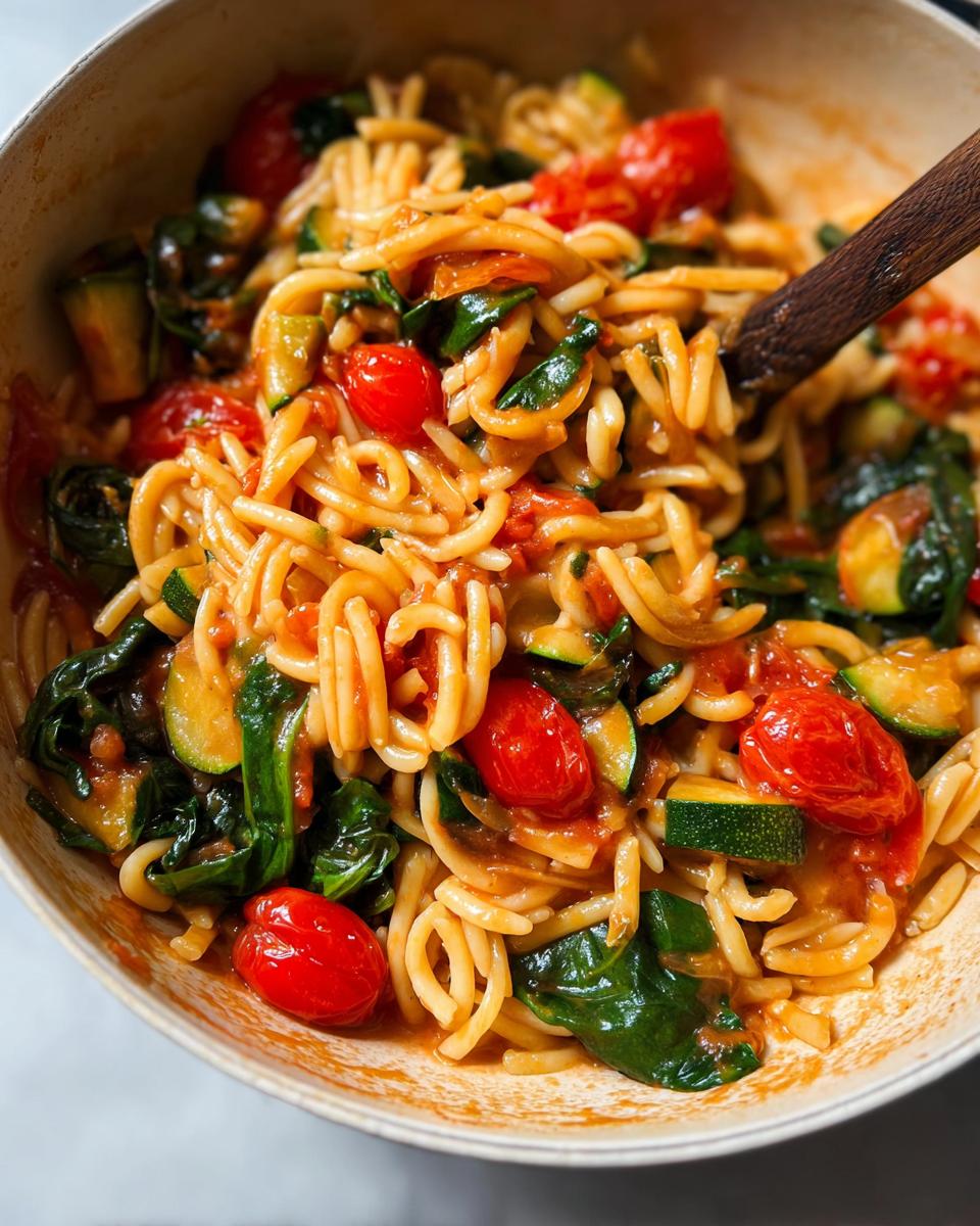 Close-up of a one-pot pasta dish with rotini noodles, cherry tomatoes, zucchini slices, and spinach.