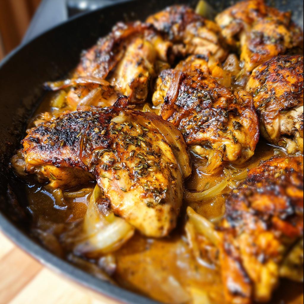 Close-up of juicy pan-seared chicken pieces with herbs and onions in a skillet, part of The Only Chicken Recipes Recipe You’ll Need (2025).