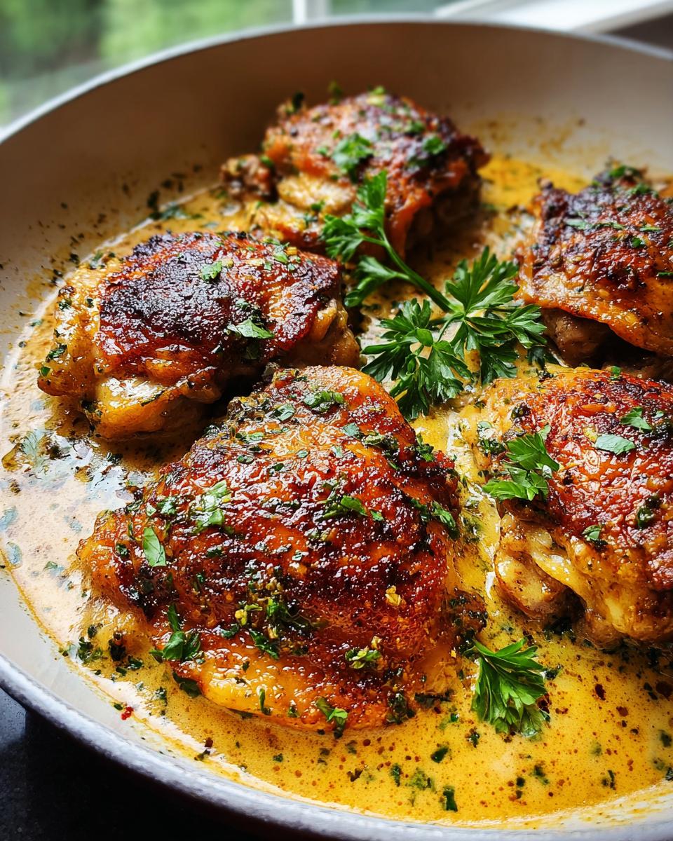 Close-up of pan-seared chicken thighs in a creamy sauce, garnished with fresh parsley. A perfect example of quick chicken thigh recipes.