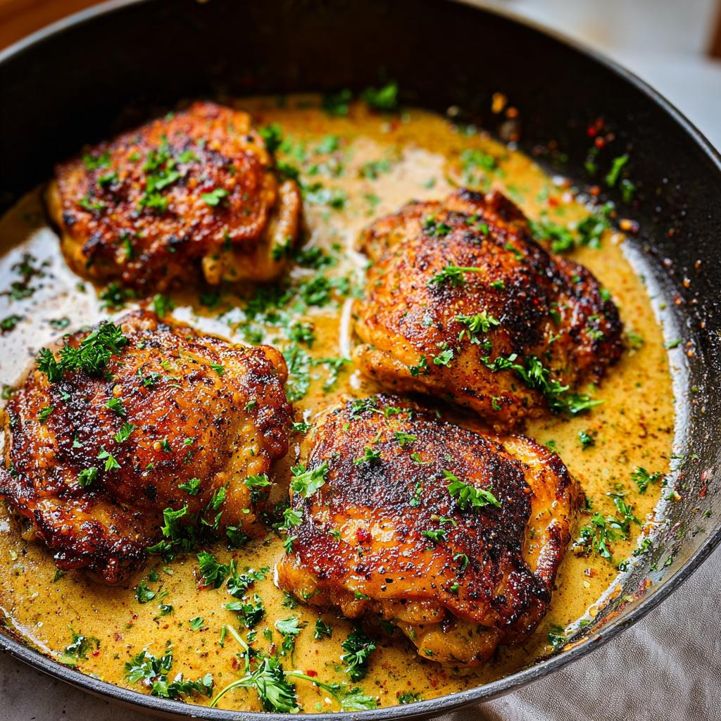 Close-up of four pan-seared chicken thighs in a rich, golden sauce, garnished with fresh parsley. Perfect for chicken thigh recipes.