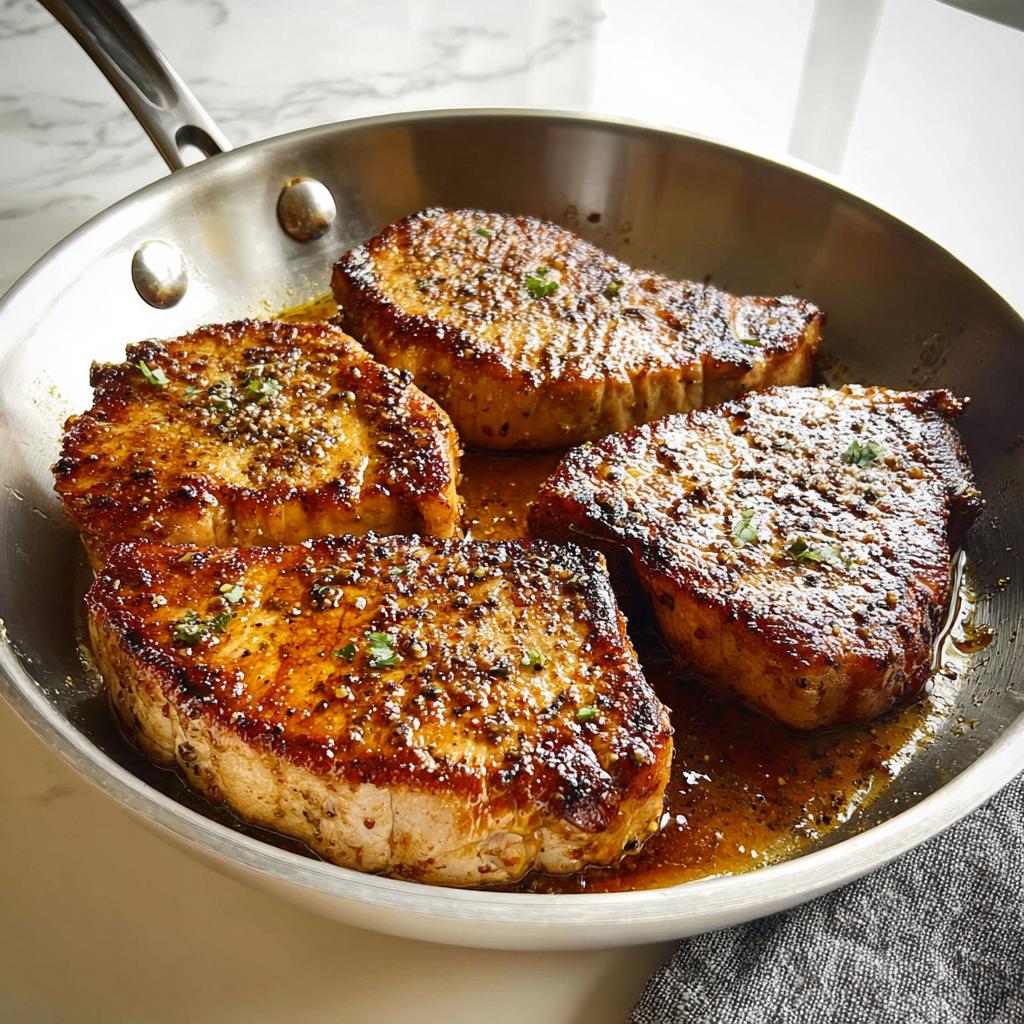 Four perfectly seared pork chops in a stainless steel skillet, glistening with pan juices and sprinkled with herbs.