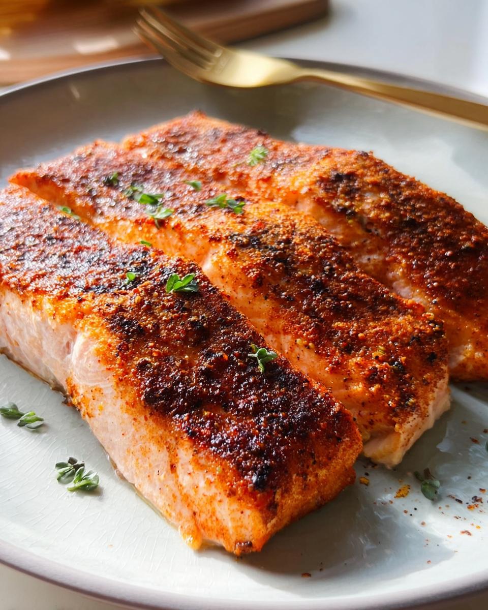 Close-up of three pan-seared salmon fillets seasoned with spices, a perfect addition to salmon recipes.