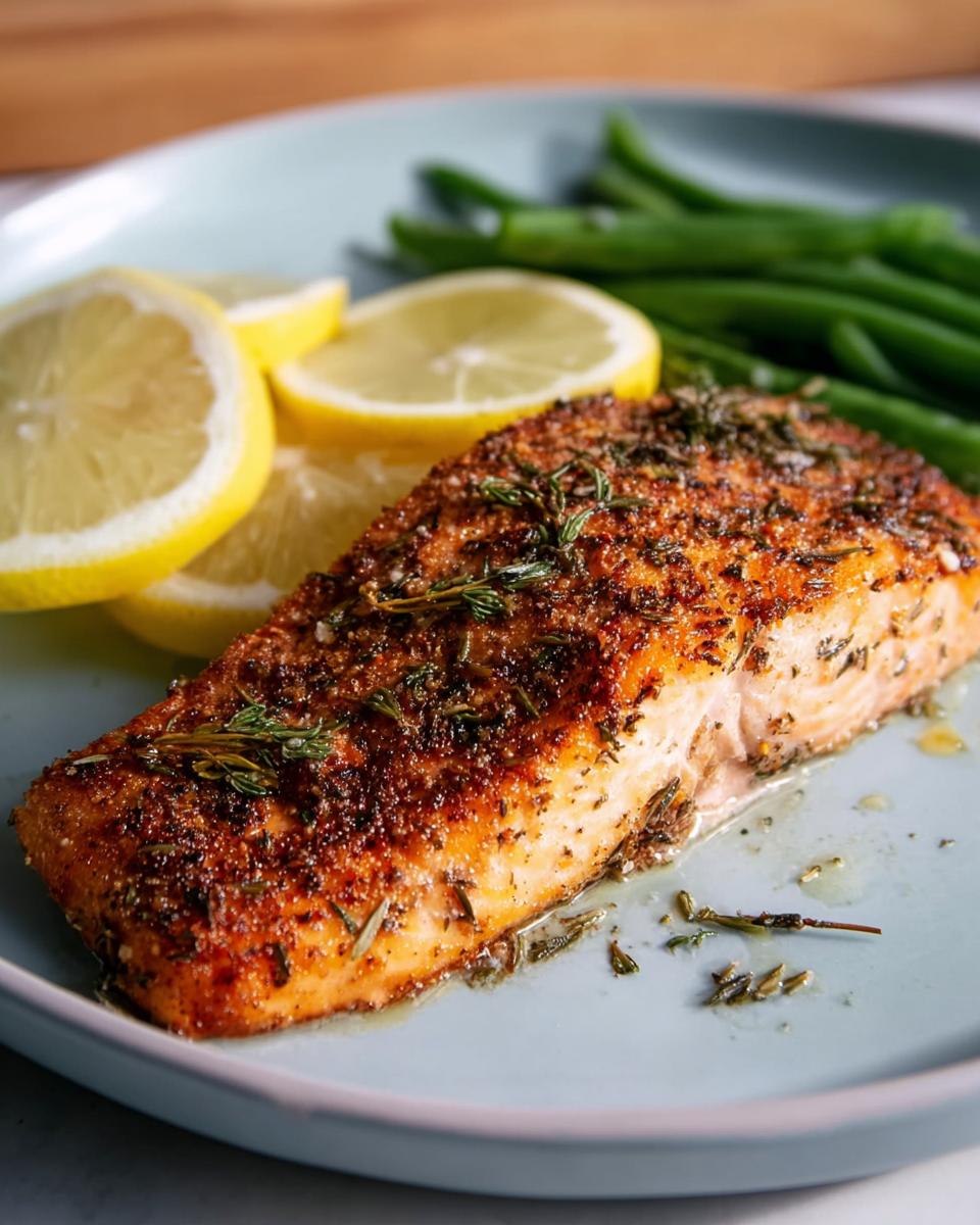 A perfectly cooked pan-seared salmon fillet seasoned with herbs, served with lemon slices and green beans.
