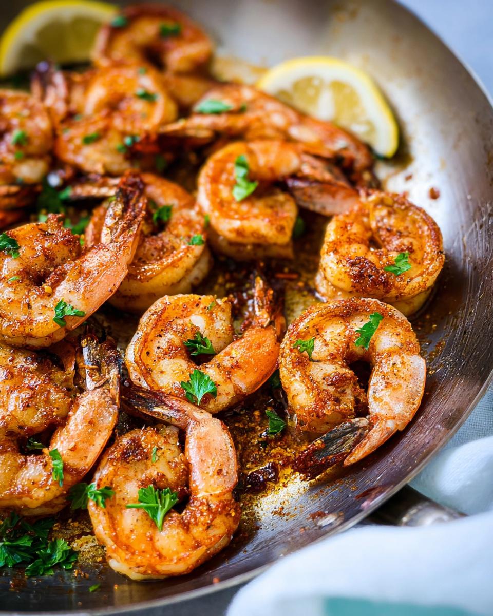 Close-up of perfectly pan-seared shrimp with spices and lemon, a key recipe in The Ultimate Shrimp Recipes Guide for Beginners.