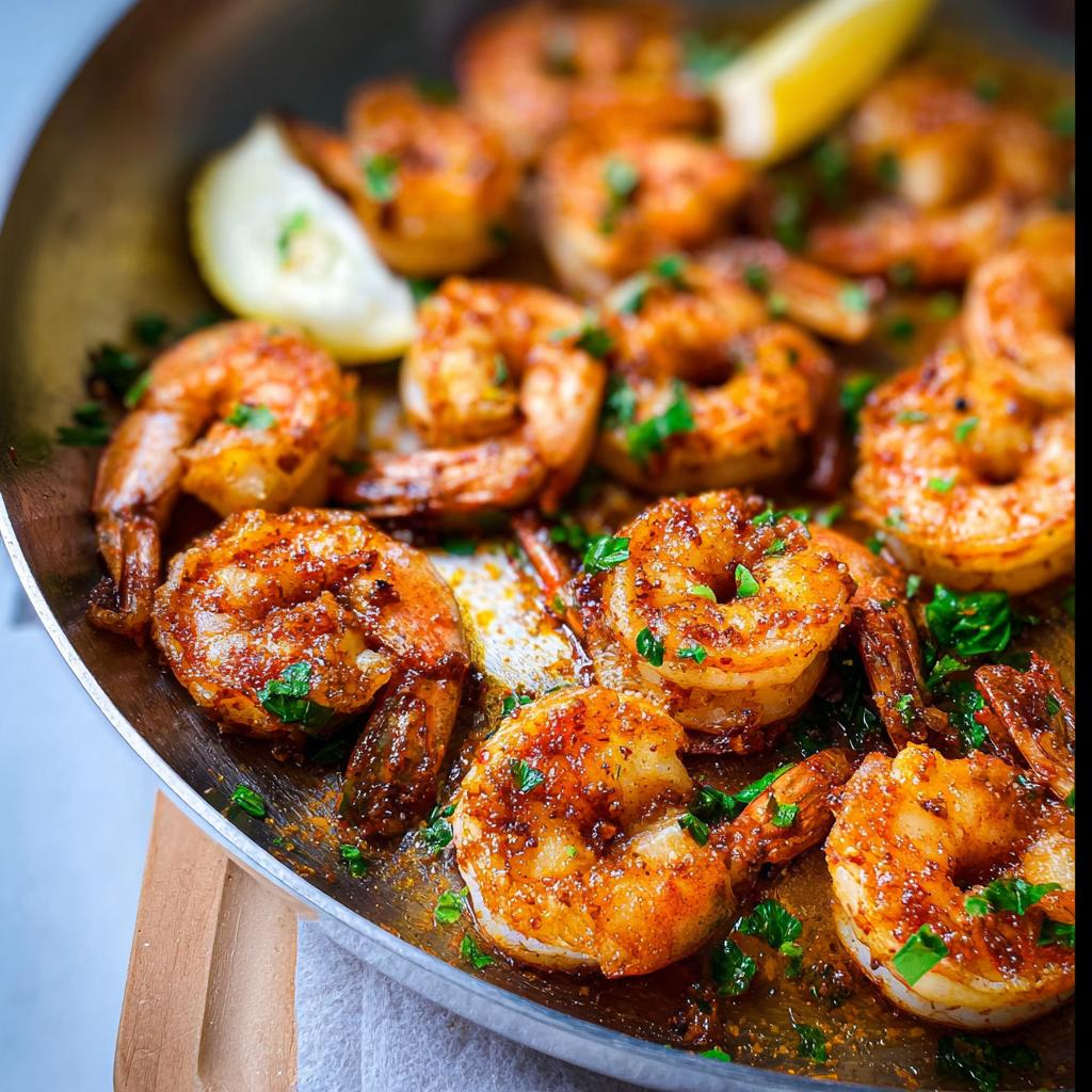 Close-up of perfectly pan-seared shrimp with lemon wedges and parsley, a key recipe in The Ultimate Shrimp Recipes Guide for Beginners.