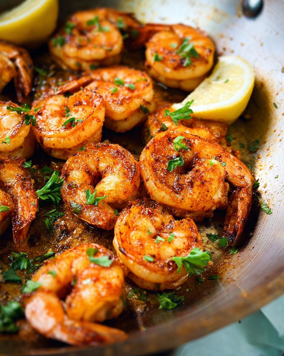 Close-up of perfectly pan-seared shrimp with spices and lemon wedges, a key part of The Ultimate Shrimp Recipes Guide for Beginners.