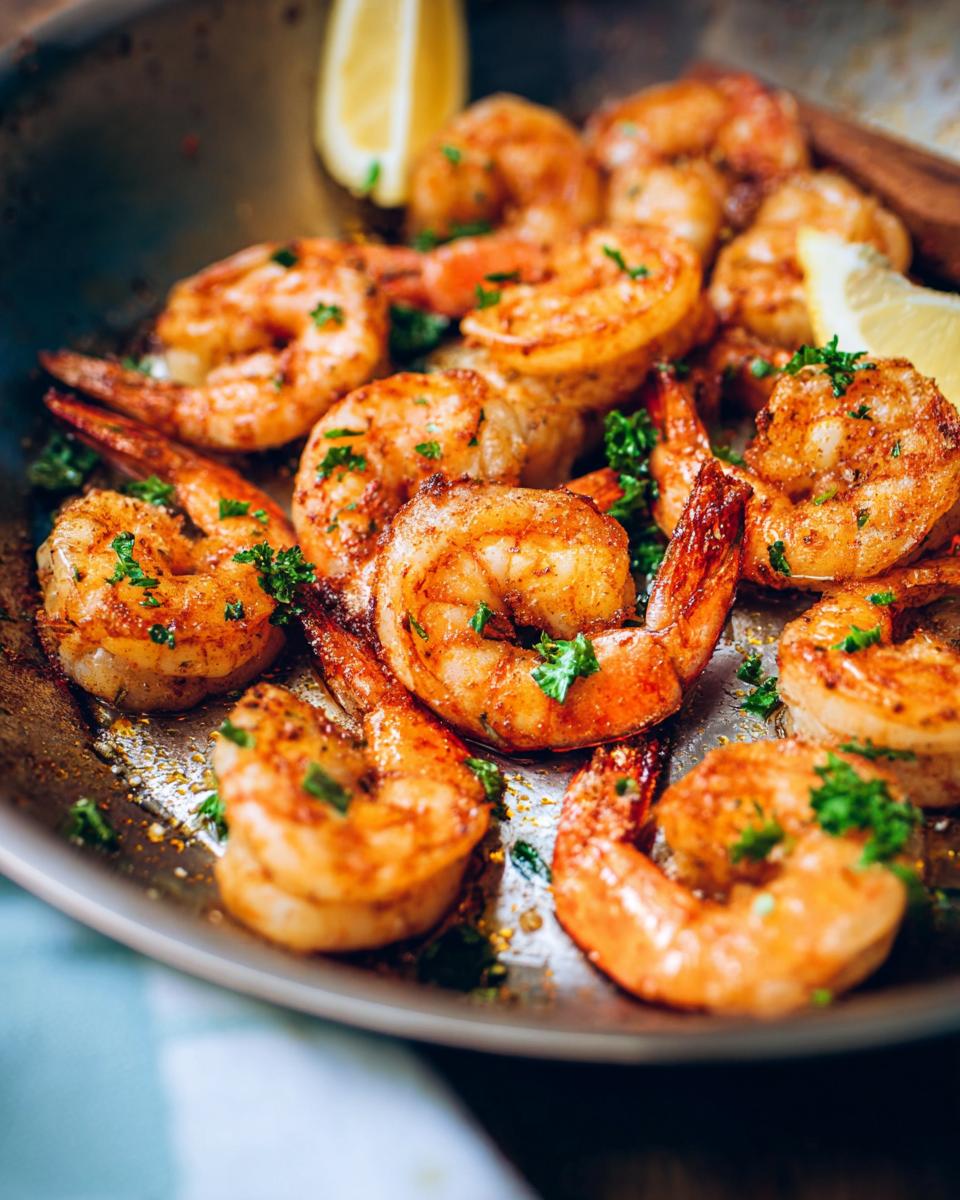 Close-up of perfectly pan-seared shrimp with lemon wedges and parsley, a key dish in The Ultimate Shrimp Recipes Guide for Beginners.