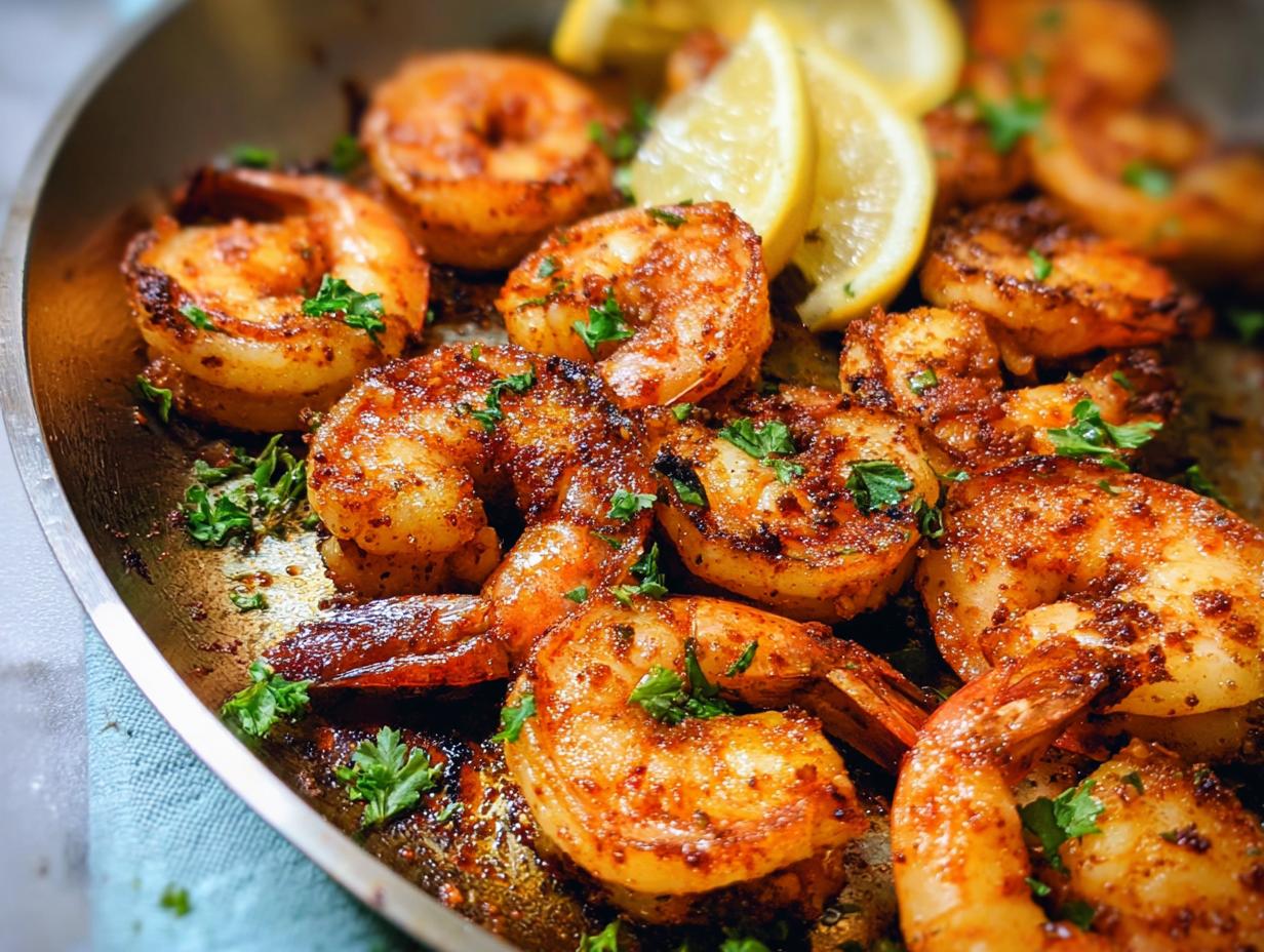 Close-up of perfectly seasoned pan-seared shrimp with lemon slices and parsley, part of The Ultimate Shrimp Recipes Guide for Beginners.